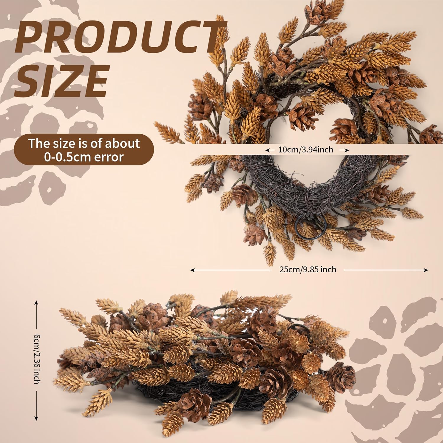Regine Switzerland Christmas Candle Rings - 10 Inch Wreath with Artificial Brown Pinecones | Indoor Decor for Home Centerpieces