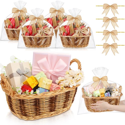 GlikCeil 4 Sets Basket for Gifts Empty Large Wicker Baskets with Gift Bags and DIY Bow Rectangular Woven Stackable Goodies Basket with Handle for Baby Shower Birthday Wedding Housewarming