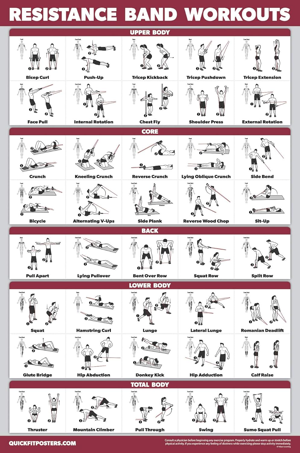 Palace Learning 4 Pack - Laminated Workout Charts for Dumbbell, Bodyweight & Resistance Band Exercises | 18” x 24”