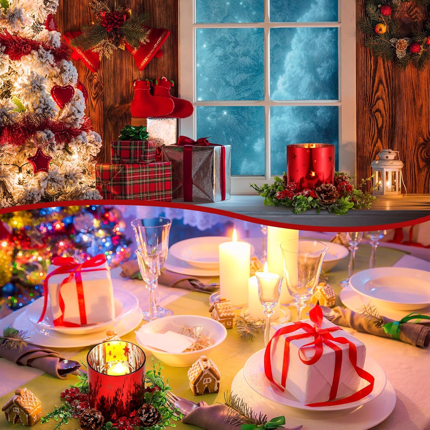 Sliner Christmas Glass Candle Holders - 4 Pcs 4.7 Inch Votive Holders with Berry Ring & Pinecone
