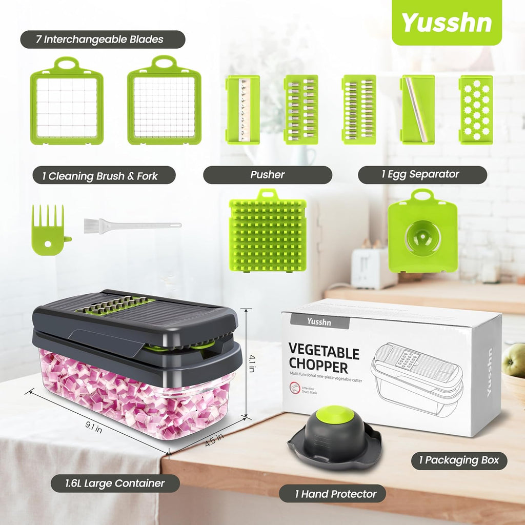 Yusshn Vegetable Chopper - 12-in-1 Multifunctional Food Chopper with 7 Blades | Grey Kitchen Essential
