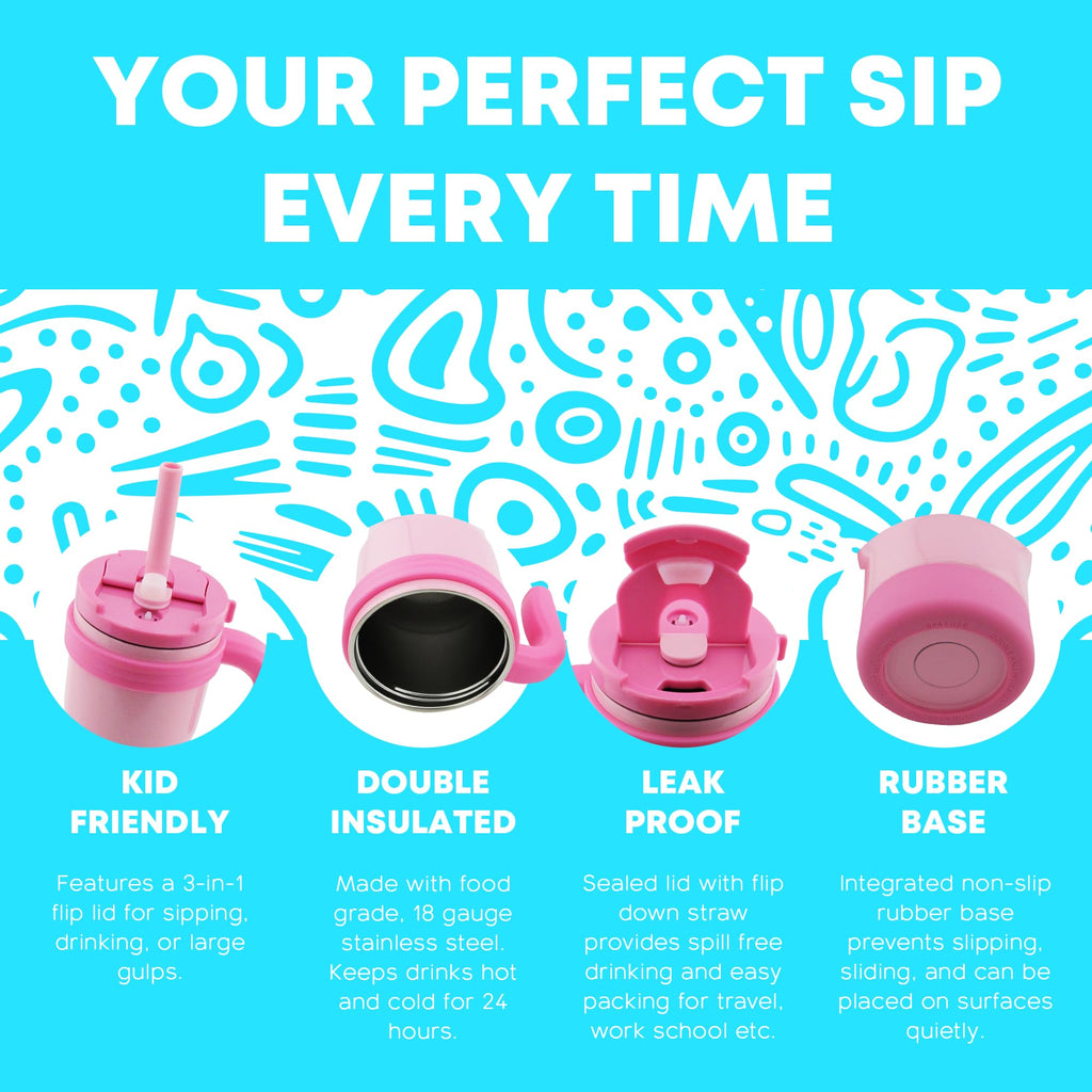 Boldstar Creations Kids Insulated Tumbler, 14 Oz, Double Wall, Integrated Handle, Straw, Flip Lid, Spill Proof (Blue) (Pink)