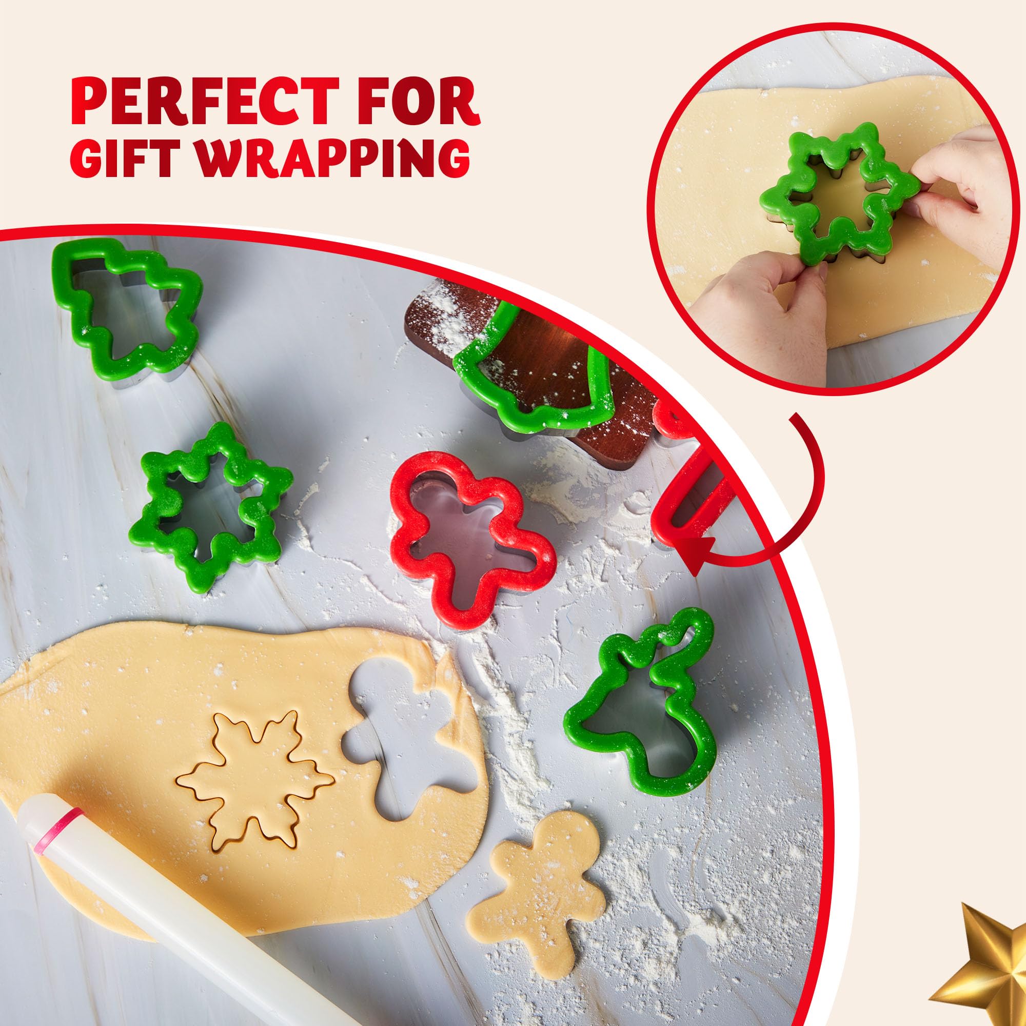 JOYIN 13 PCS Christmas Cookie Cutters in Stainless Steel with 3.5í plus Grip and a Rolling Pin for Xmas Holiday Party Baking Supplies, Snowflake, Gingerbread Cookies Mold and Baking Gift