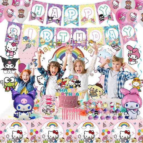 Cartoon theme party supplies,Kawai birthday decorations,Including banners, balloons, tablecloths, dinner plates, etc.