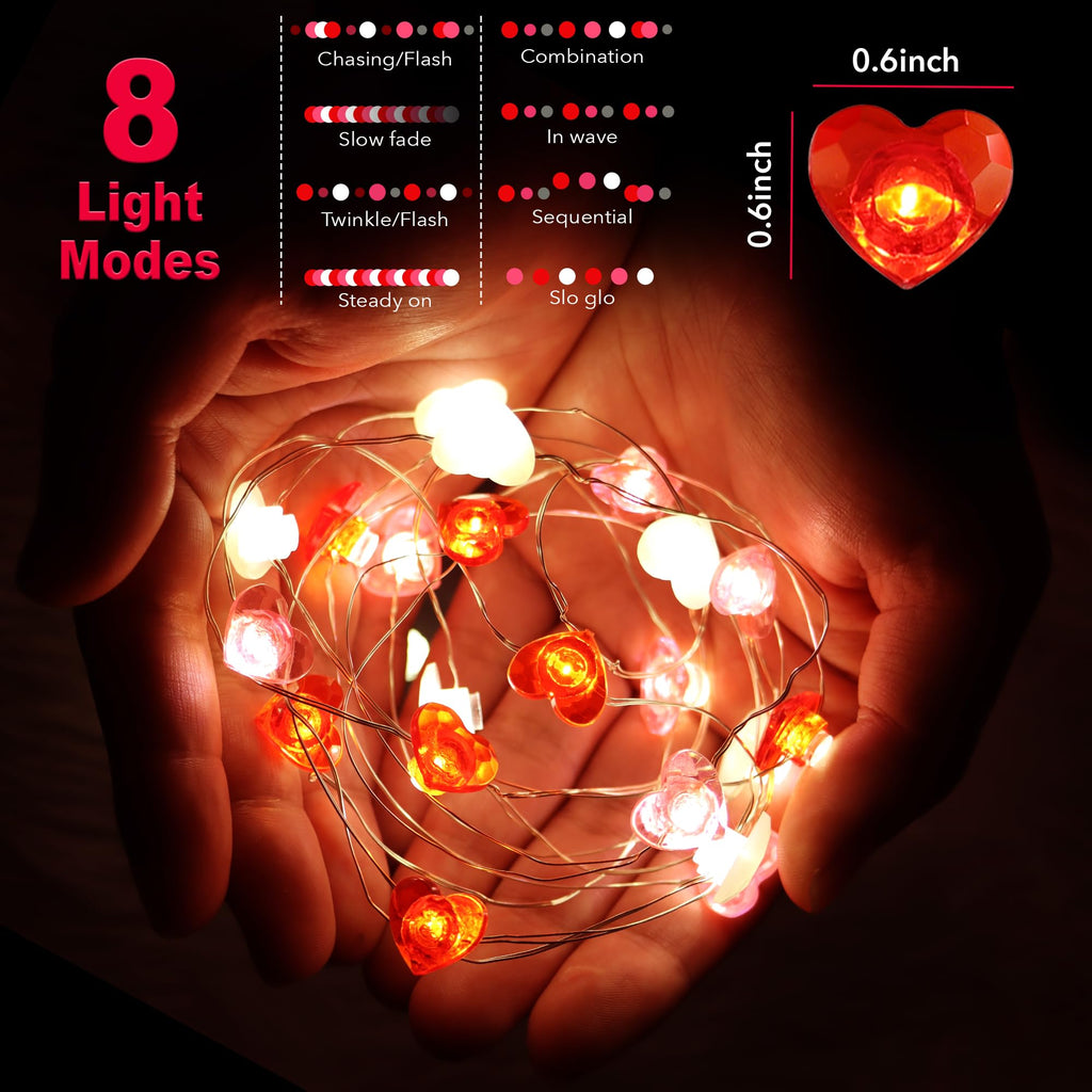 Valentines Day Decor 10FT 30 LED Valentines Decorations Red Pink White Heart String Lights Battery Operated, 8 Light Modes Valentines Day Lights Fairy Light Romantic Valentine's Decor Home Table Party