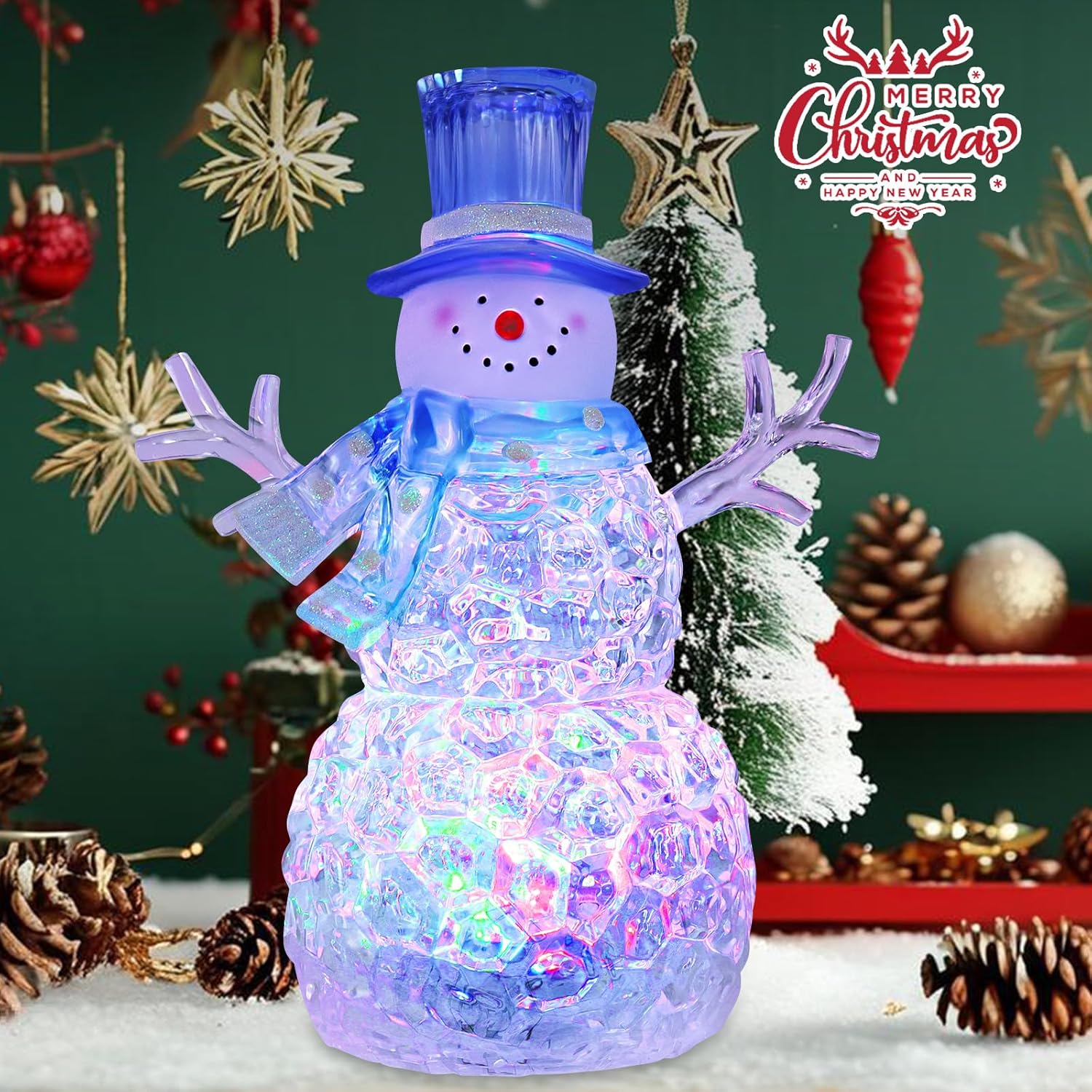 Snowman Christmas Decoration - LED Lighted Figurine with 6-Hour Timer | Battery Operated Acrylic Snowman (Blue Hat)