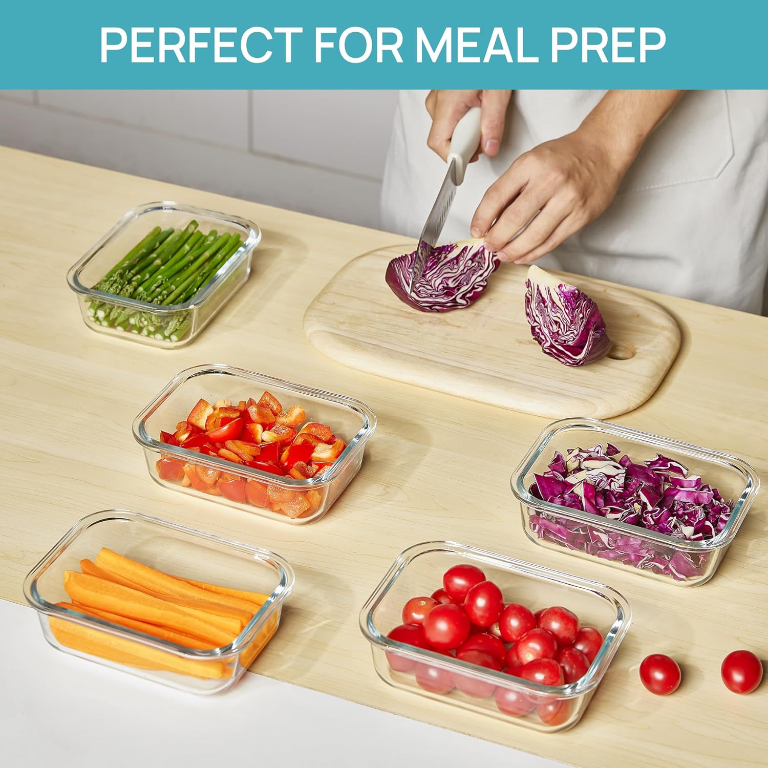 Vtopmart 22oz Glass Storage Containers - 5-Pack Meal Prep Set with Airtight Snap Lids | Microwave & Dishwasher Safe, Grey