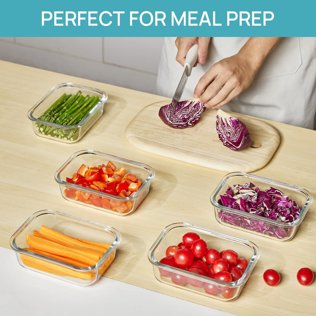 Vtopmart 5Pack 22oz Glass Storage Containers with Lids, Glass Meal Prep Food Container Sets with Snap Airtight Lid for Microwave, Oven, Freezer and Dishwasher, Grey