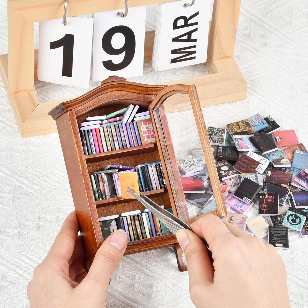 Skiennix Miniature Bookshelf - Unique Stress Relief Bookcase with 100+ Miniature Books | Perfect Gift for Book Lovers