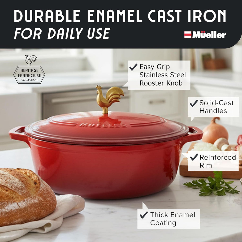 MUELLER HOME Enameled Cast Iron Dutch Oven - 5.5 Quart with Rooster Knob & Potholders, Oven-Safe to 500°F, Red