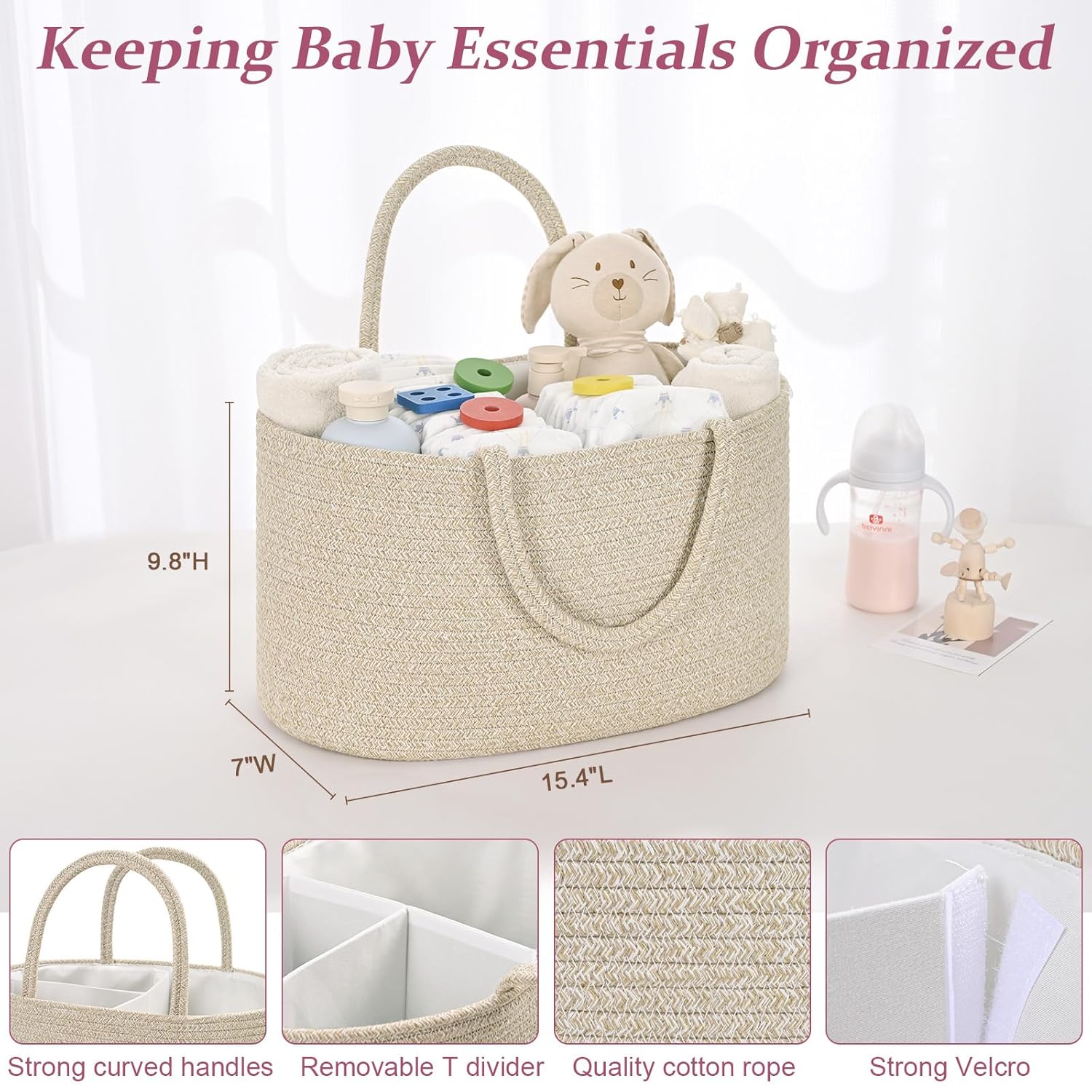 Skiennix Baby Diaper Caddy Organizer - 19L Cotton Rope Storage Basket with Removable Divider | Ideal for Nursery & Car