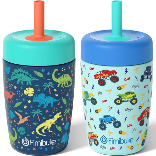 Fimibuke Kids & Toddler Cups Spill Proof, 12 OZ Insulated Sippy Cups for Toddlers Boys Girls, BPA-Free Toddler Straw Tumbler, Stainless Steel Kids Water Bottle with Twist Lids & Silicone Straw, 2 Pack