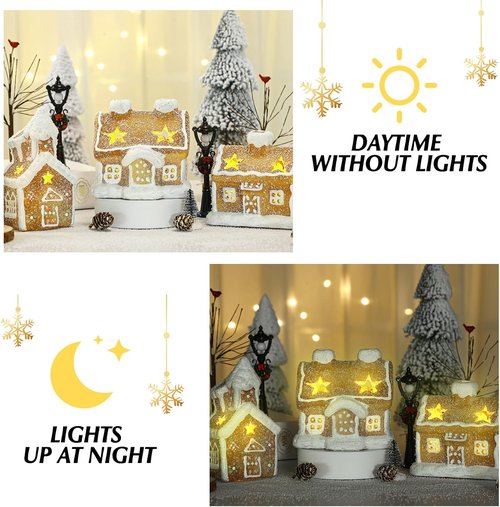 GlikCeil LED Christmas Gingerbread Village Set - 17 Pieces with Ceramic Houses, Birch Trees & Pine Trees