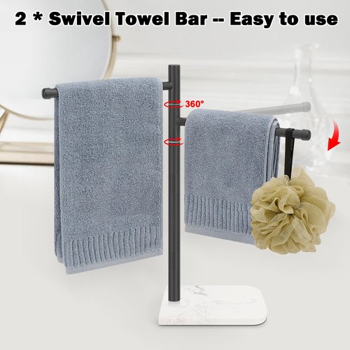 Winmien Standing Hand Towel Holder, Hand Towel Stand with Marble Base, 304 Stainless Steel Towel Rack with 2 Swivel Arm, Countertop Stand Towel Ring Towel Bar for Bathroom (Matte Black)