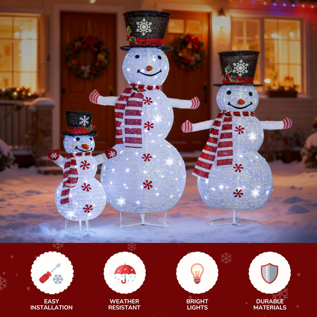 Zeravica Led Snowman Outdoor Decorations, 3PCS Cool White Lighted Snowman for Yard, Patio, Garden - Collapsible for Easy Storage Holiday Christmas Decor