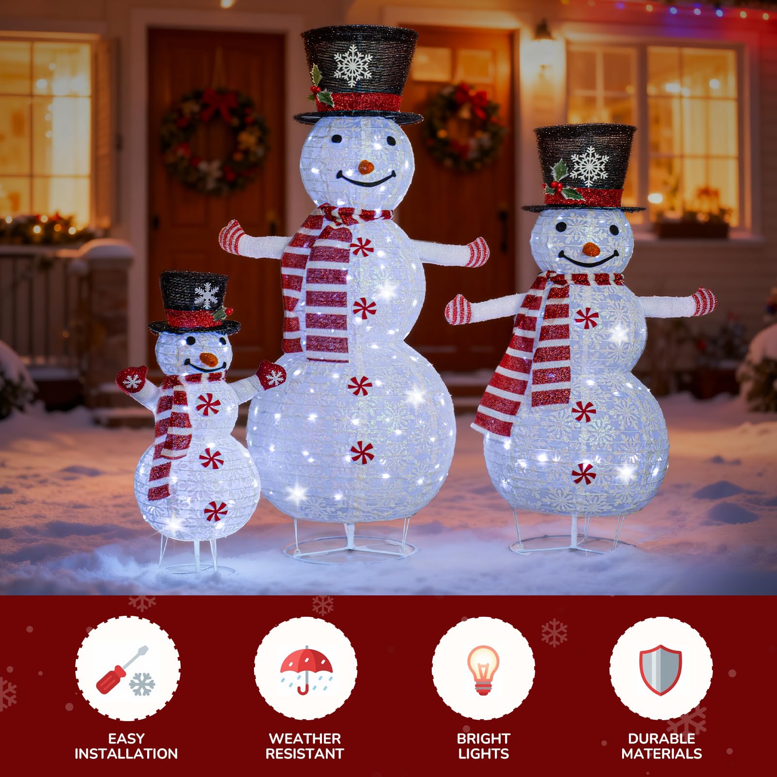 Zeravica Led Snowman Outdoor Decorations, 3PCS Cool White Lighted Snowman for Yard, Patio, Garden - Collapsible for Easy Storage Holiday Christmas Decor