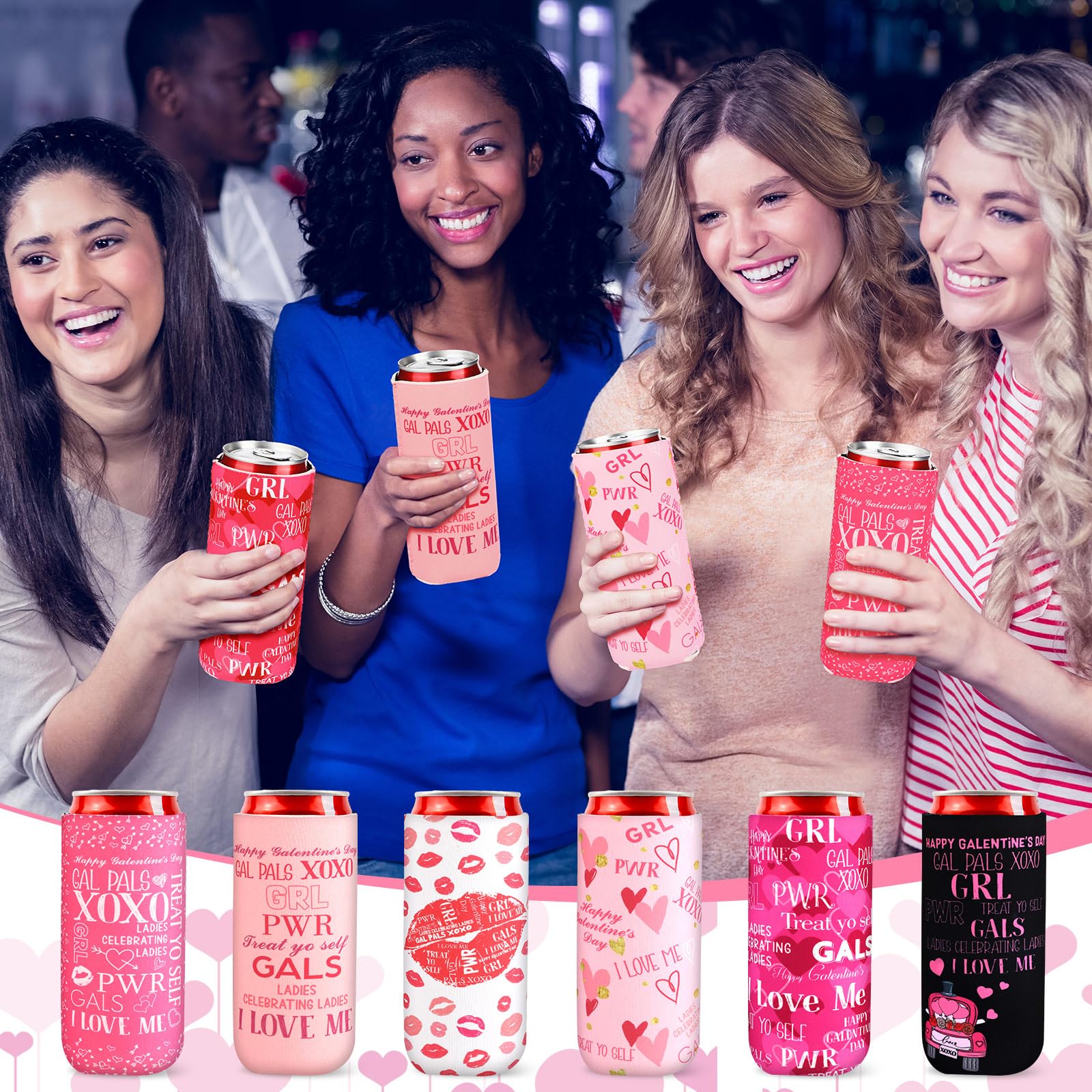 Layhit 12 Pcs Happy Galentine's Day Can Sleeves Celebrating Galentine's Day Beverage Covers for Skinny Cans Cooler Insulated Neoprene Drink Holders for Gathering Party Supplies Favor