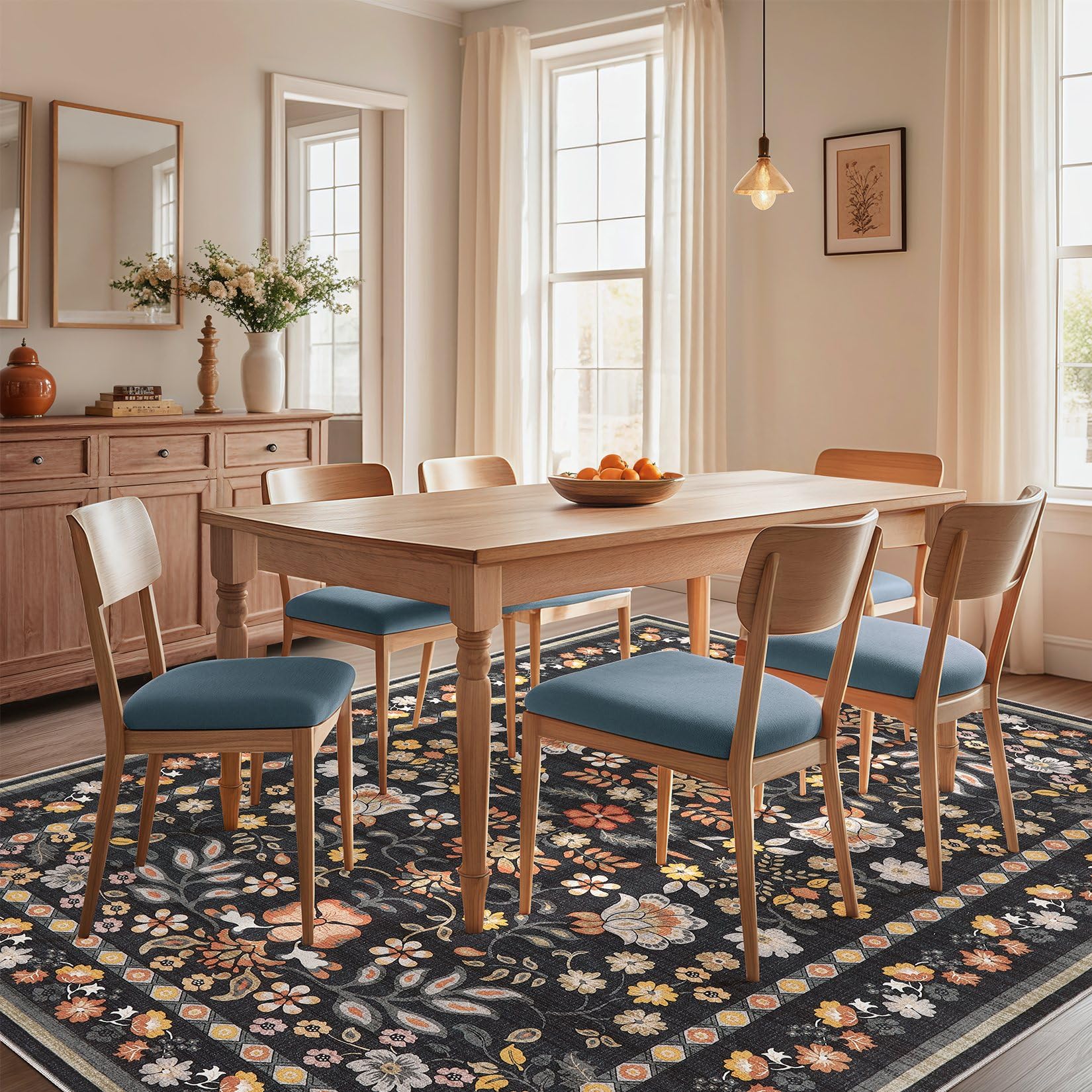 UERMEI Runner Rug for Hallways Kitchen: 2x6 Washable Area Rug Boho Floral Soft Long Rug - Non-Slip Low Pile Throw Indoor Carpet for Entryway Kitchen Bedroom Laundry Bathroom - Black Grey