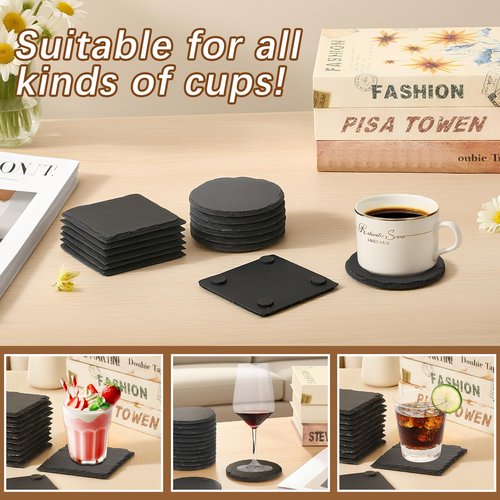48pcs Slate Coasters, Black 4 Inch Bulk Blank Rock Coasters Blank Laser Engraving, Hand Painted DIY, Scratch Resistant Bottom (24*Square+24*Round)