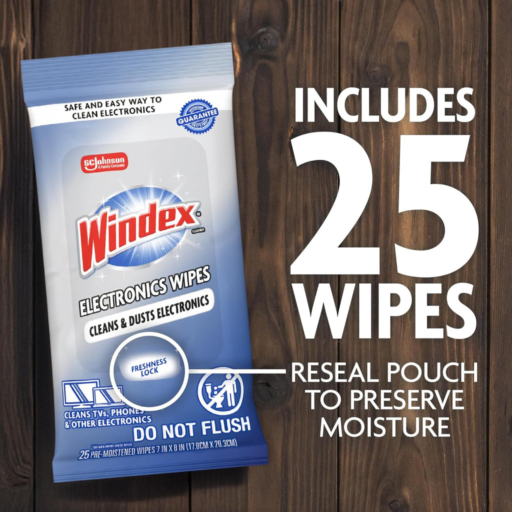 Windex Electronic Cleaning Wipes - Pre-Moistened Screen Wipes for TVs & Phones | Resealable, 25 Count (Pack of 3)