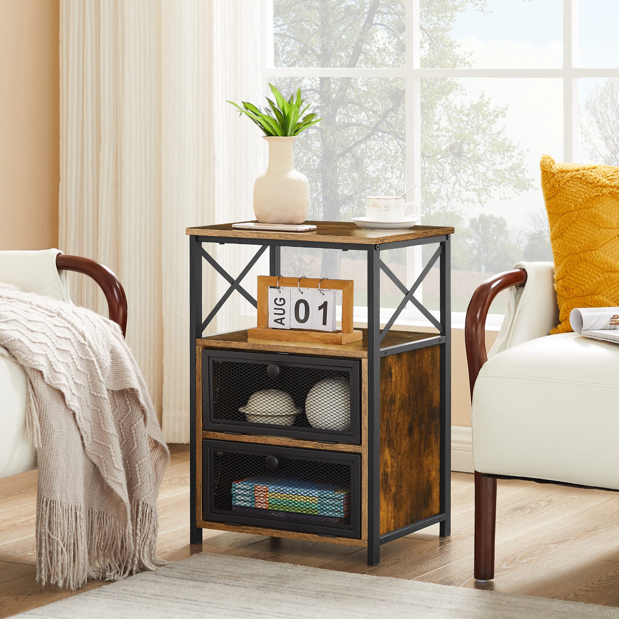 VECELO End Tables Set of 2 with Storage Space,Flip Door Night Stand for Living Room,Bedroom,Small Space,Rustic Brown