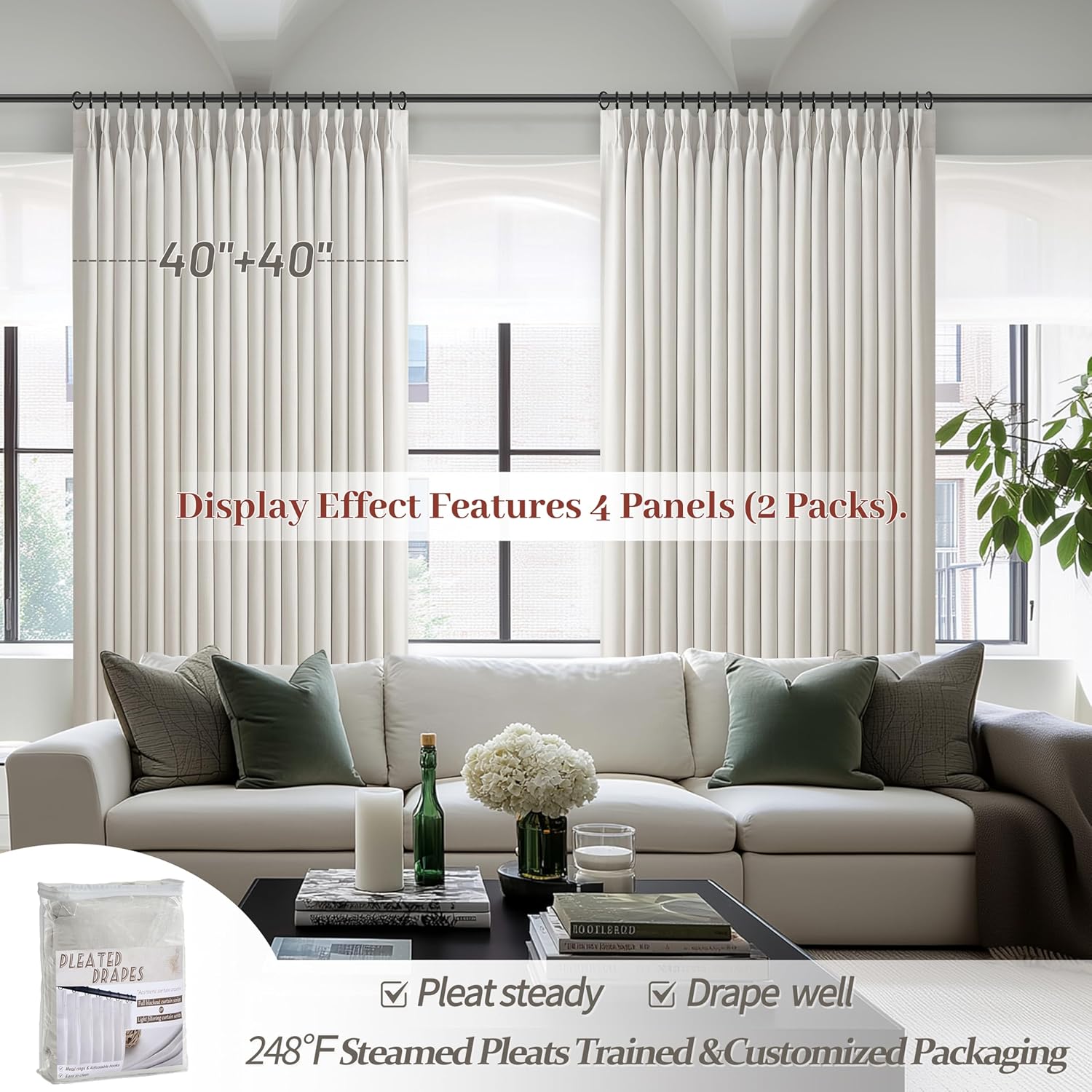 Skiennix 100% Blackout Linen Curtains - 96-Inch Insulated Heavy Drapes for Sliding Glass Doors | Off Beige