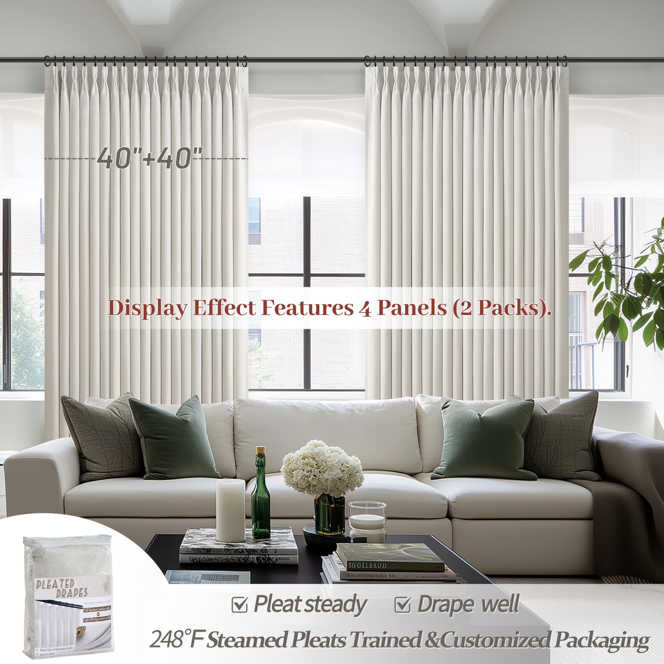 100% Blackout Linen 96 Inch Curtains 2 Panel Set for Bedroom, Modern Pinch Pleated Natural Linen Off Beige White Insulated Heavy Curtain 40 x 96 Inches Length Sliding Glass Door Room Darkening Drapes