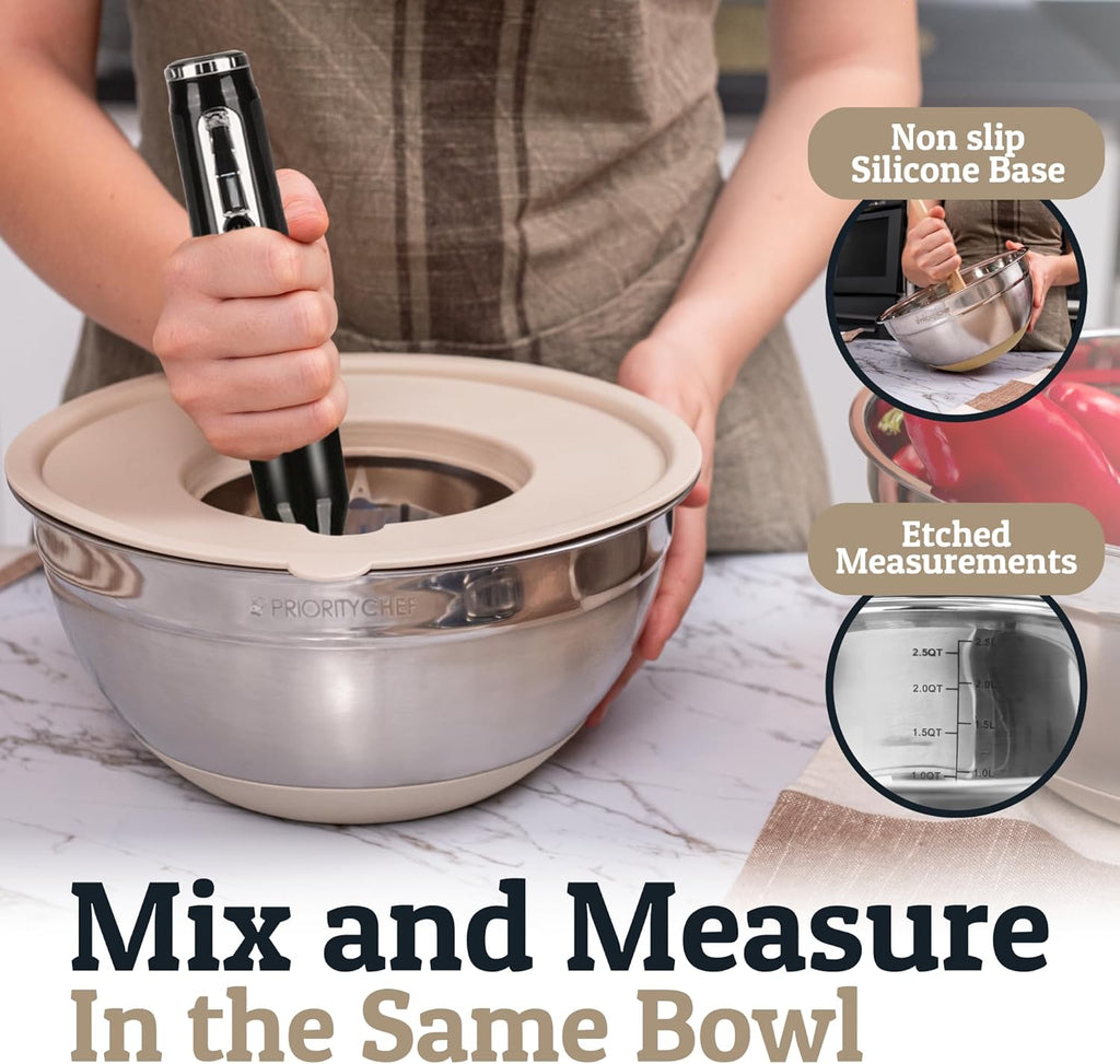 Priority Chef 6-Piece Stainless Steel Mixing Bowl Set - Non-Slip Bases & Airtight Lids in Khaki