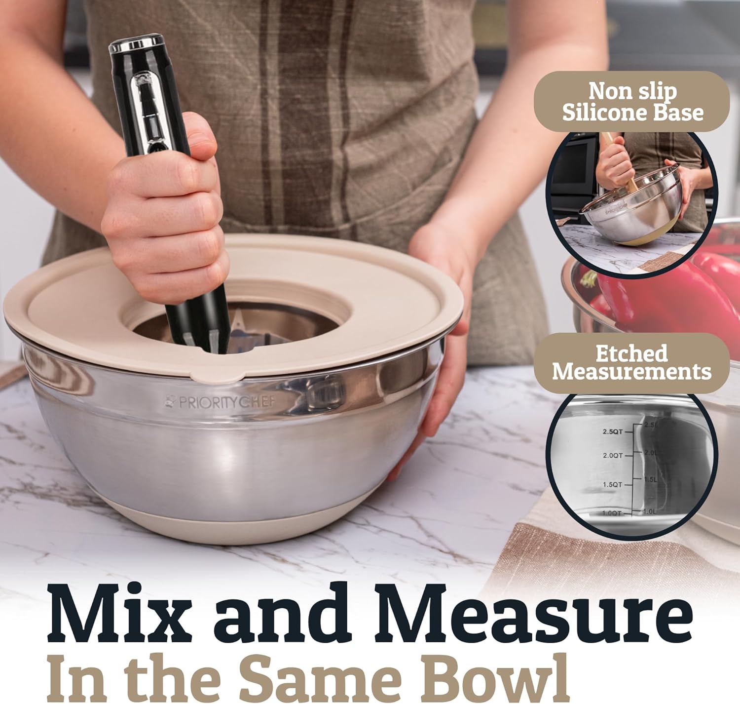 Priority Chef 6-Piece Stainless Steel Mixing Bowl Set - Non-Slip Bases & Airtight Lids in Khaki