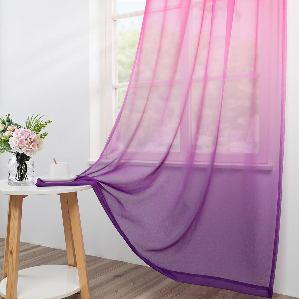 Sheer Curtains for Little Girls Bedroom, Kawaii Cute Preppy Teen Toddler Ombre Rainbow Curtains for Nursery Kids Room Decor Aesthetic, Wide 52 x 84 Inches Long 2 Panels Set, Pink and Purple Lilac