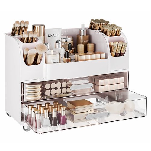 Delamu Large Makeup Organizer Countertop with 6 Brush Holders, Makeup Organizers for Vanity with 2 Large Drawers, Easy to Store Skincare, Lipsticks, Nail Polishes, Perfumes, Eyeshadow Palettes, White