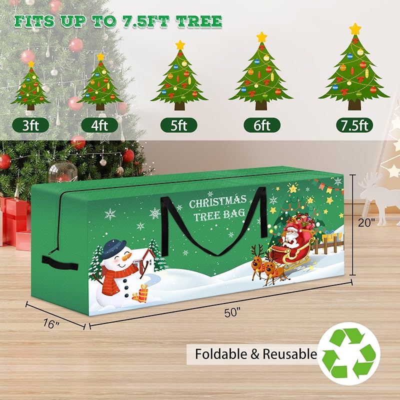 Christmas Tree Storage Bag 7.5 Ft Large with Reinforced Handles & Dual Zippers – 50" x 16" x 20" Green