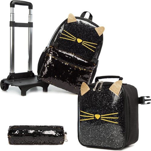 Egchescebo Cat School Bags Kids Rolling Backpack for Girls Luggage Kids Suitcase With Wheels Trolley Wheeled Backpacks Travel Bags 3PCS Lunch Box Pencil Case Backpacks for Girl‘s Black