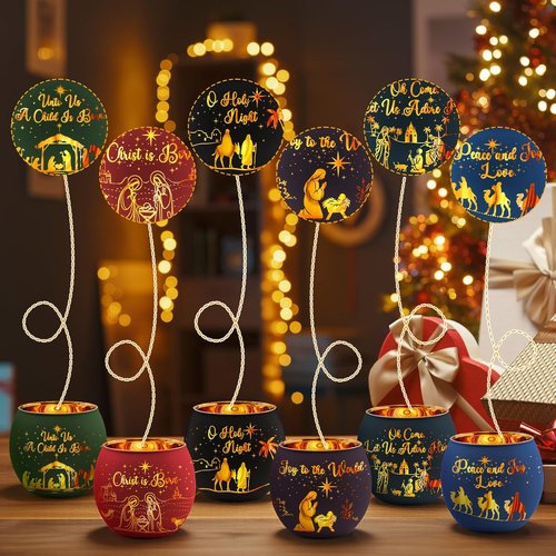 Jingmore Christmas Nativity Scene Votive Candle Holders - 6 Glass Holders with Flameless Candles & Engraved Patterns