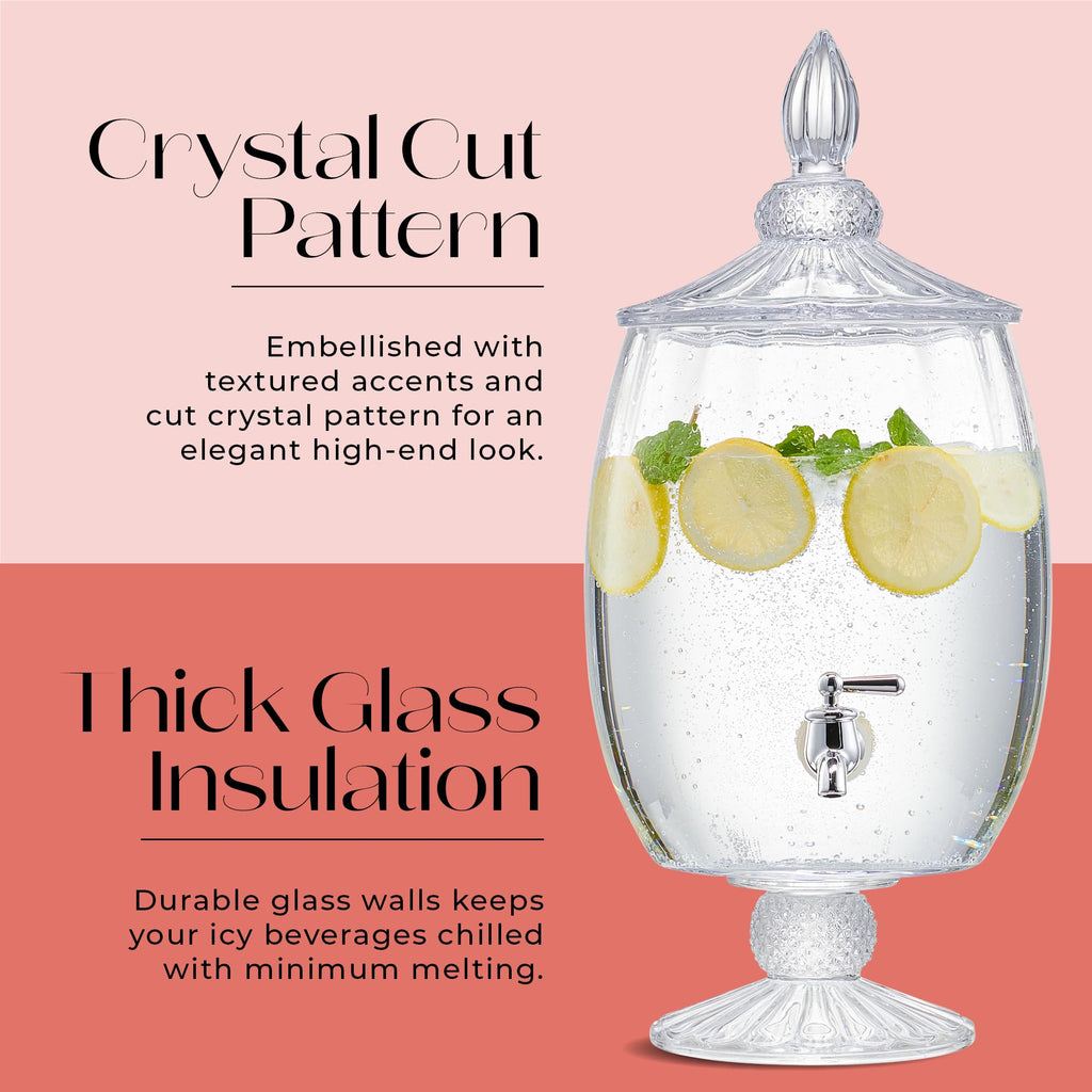 Fifth Avenue Crystal Madison Optic Beverage Cold Drink Dispenser w 1.7-Gallon Capacity Glass Jug, Leak Proof Acrylic Spigot for Parties, Weddings,& More, 8.5x18