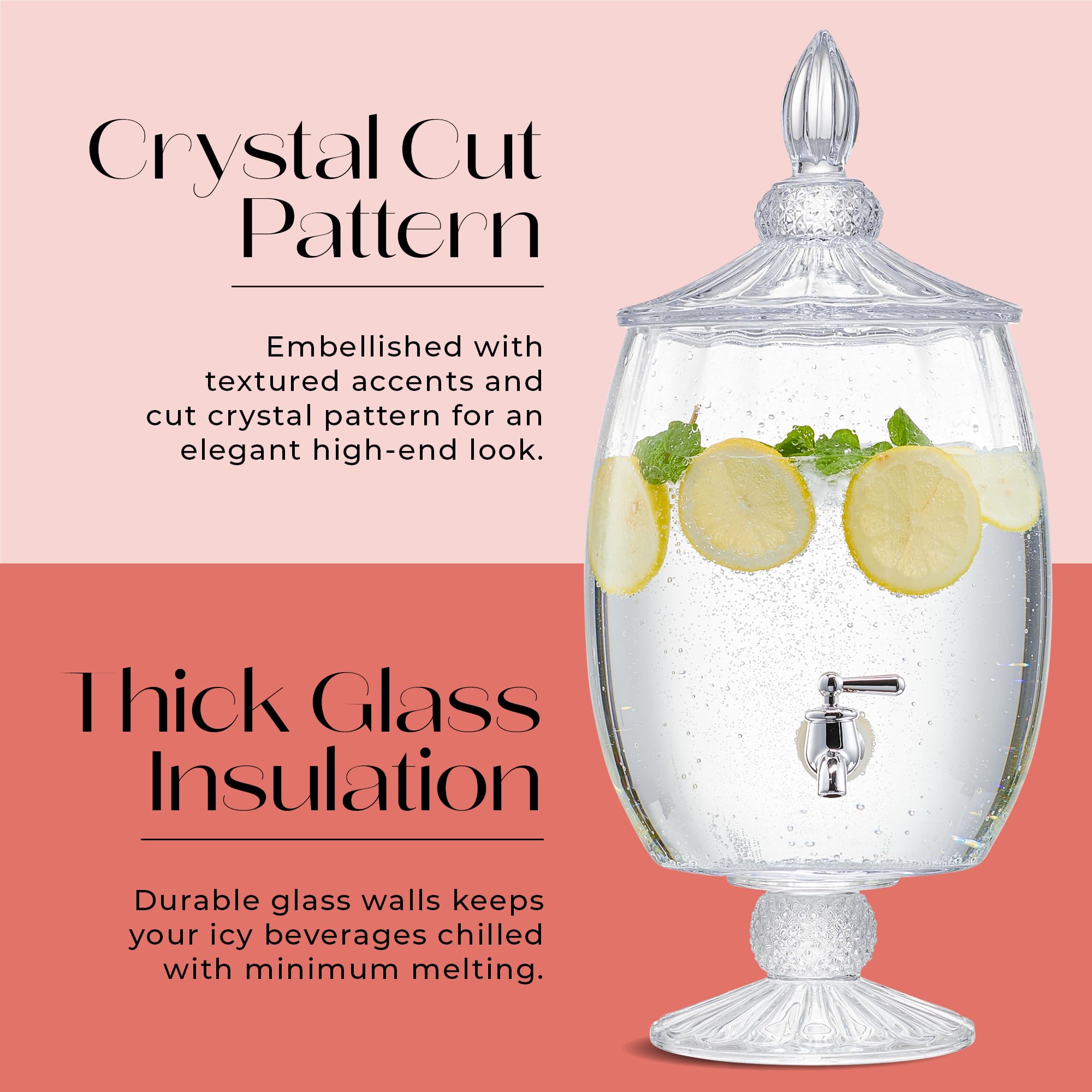 Fifth Avenue Crystal Madison Optic Beverage Cold Drink Dispenser w 1.7-Gallon Capacity Glass Jug, Leak Proof Acrylic Spigot for Parties, Weddings,& More, 8.5x18