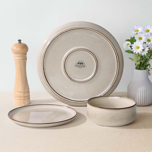 Herogo Stoneware Plates and Bowls Sets for 8, 24 Pieces Modern Round Dinnerware, Reactive Glaze Dishes Set for Kitchen, Chip Resistant, Microwave & Dishwasher Safe, Cream Khaki