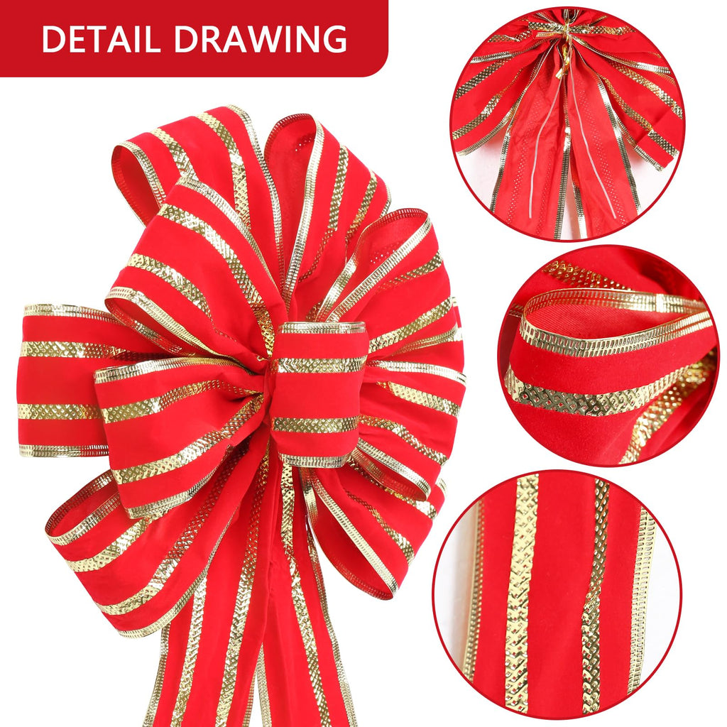 RoseCraft 2PCS Red/Gold Christmas Bow, 9”x13” Large Velvet Christmas Tree Topper Bow Ornaments for Home Xmas Tree Wreath Fence Stairs Railing Fireplace Front Door Party Valentine's Day Decoration.
