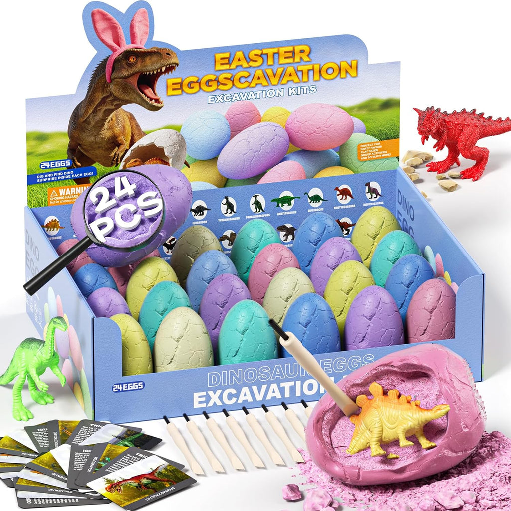 Skiennix Dinosaur Eggs Excavation Kit - 24 Colorful STEM Science Toys with Learning Cards for Kids Age 3+ | Perfect for Easter Baskets and Birthday Parties