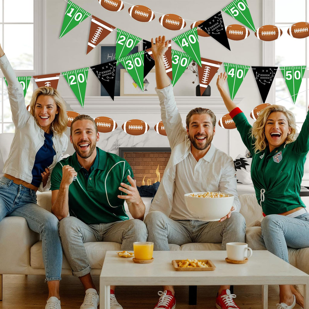 4pcs Football Party Decorations Pre-Strung Football Hanging Garland Triangle Flags Banner for Sports Themed Baby Shower Birthday Party Decorations