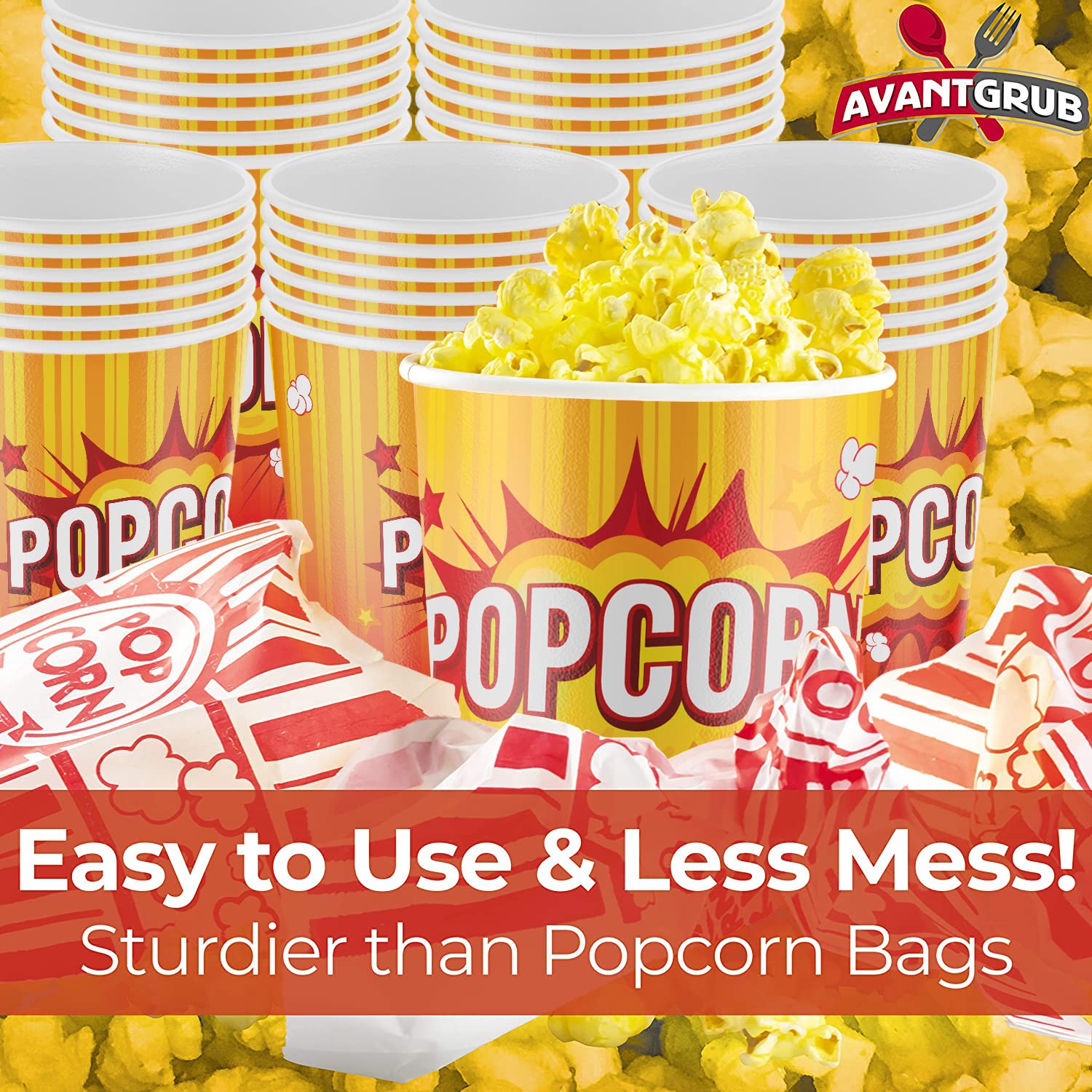 Leakproof, Super Durable 32oz Popcorn Cups 100 Pack. Grease-Proof Disposable Pop Corn Tubs With Cool Design Are the Ultimate Movie Theater Accessory. Large Containers Great for Any Party or Event