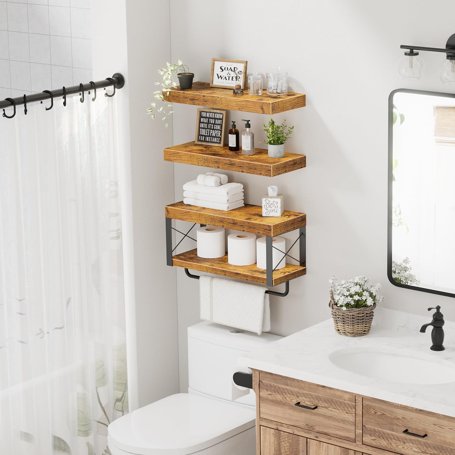 QEEIG Floating Bathroom Shelves - Rustic Brown Over Toilet Storage | Set of 3, 16 Inch