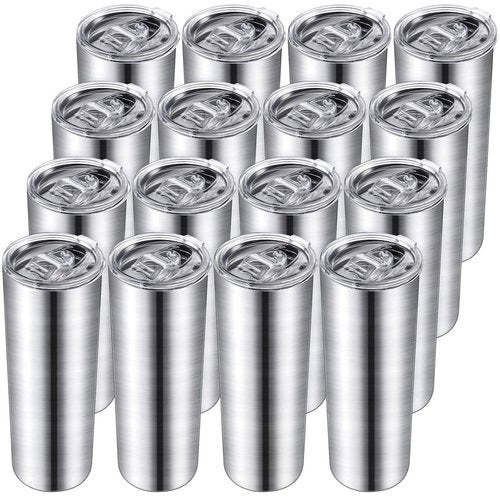 Potchen 16 Pack 20 oz Stainless Steel Skinny Tumbler Water Tumbler Cup Insulated Stainless Steel Cups with Lid Double Layer Travel Coffee Mug Reusable for Hot Cold Drink Home Office Car Use(Silver)