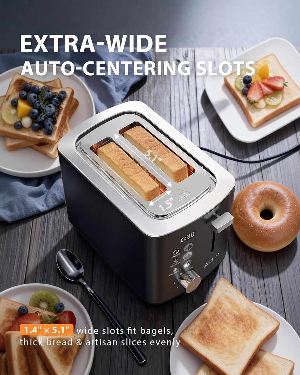 Skiennix 2-Slice Toaster - Wide Slots for Bread & Bagels | Stainless Steel with Digital Countdown, 6 Shade Settings, Compact Black Design