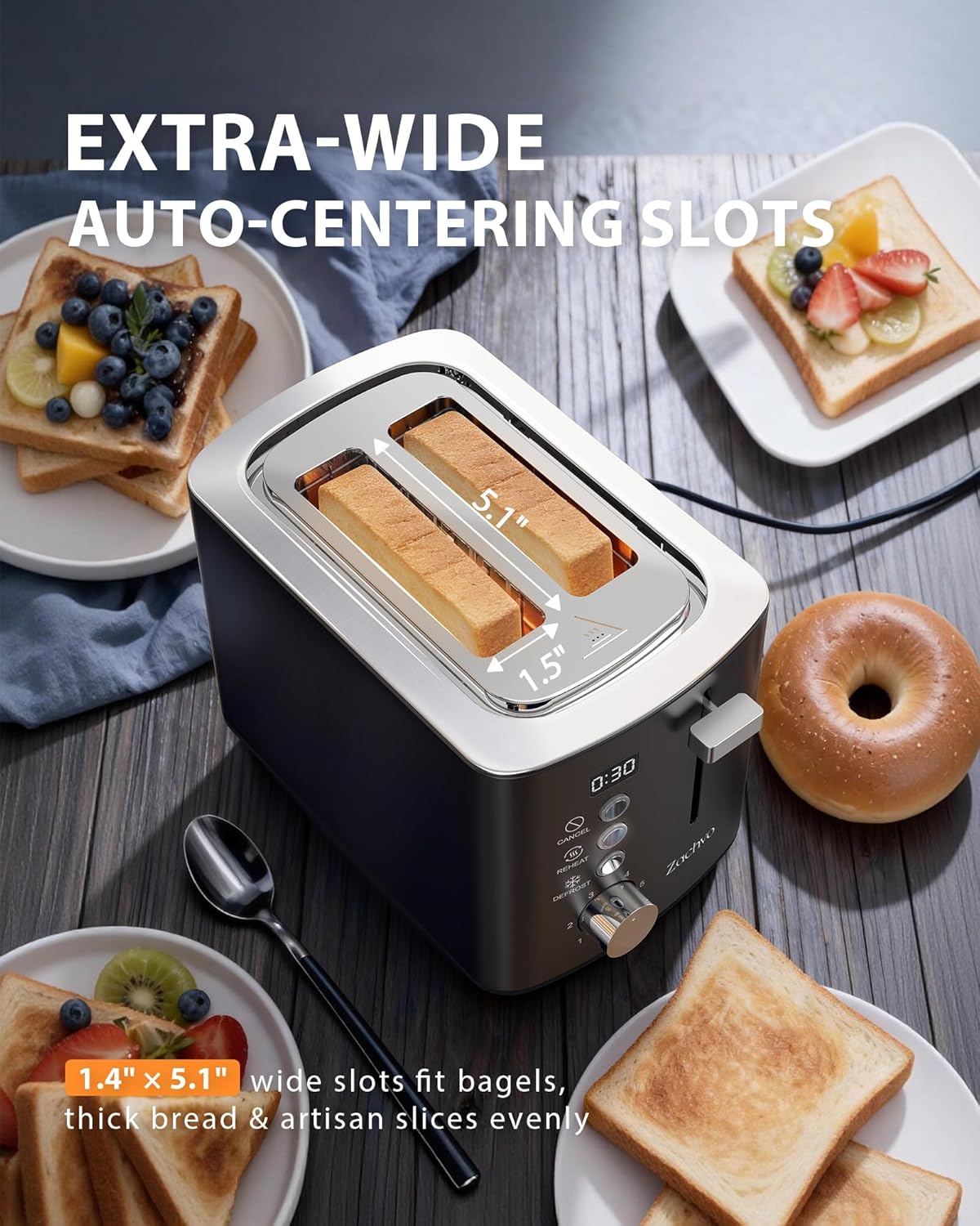 Skiennix 2-Slice Toaster - Wide Slots for Bread & Bagels | Stainless Steel with Digital Countdown, 6 Shade Settings, Compact Black Design