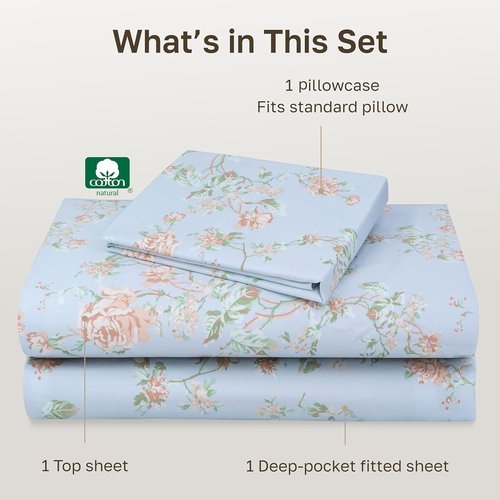 California Design Den Twin XL Bed Sheets Set - 100% Cotton, 400 Thread Count, Smooth Sateen Finish, Floral Blue/Pink