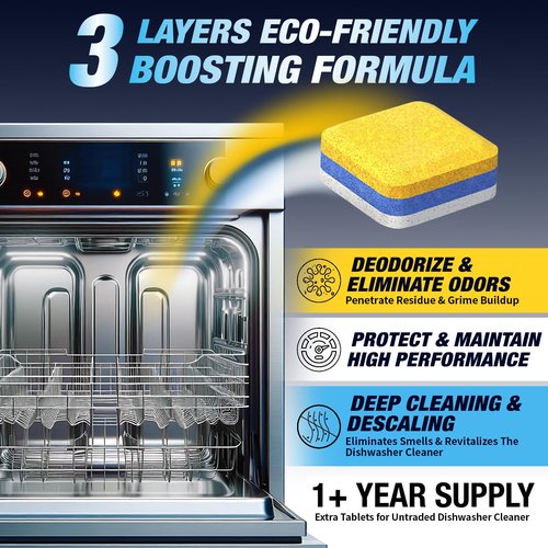 Dishwasher Cleaner Deodorizer Descaler Tablets - 28 Tabs - 1 Plus Year Supply - Extra Scented Deep Cleaning Sanitizer Pods - Remove Hard Water - Contain Citric Acid Heavy Duty Septic Safe - Lemon