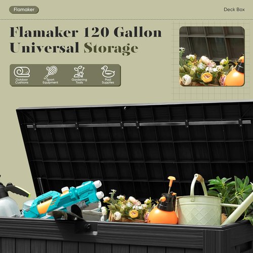 Flamaker 120 Gallon Resin Deck Box - Waterproof Outdoor Storage for Patio, Garden & Pool (Black)