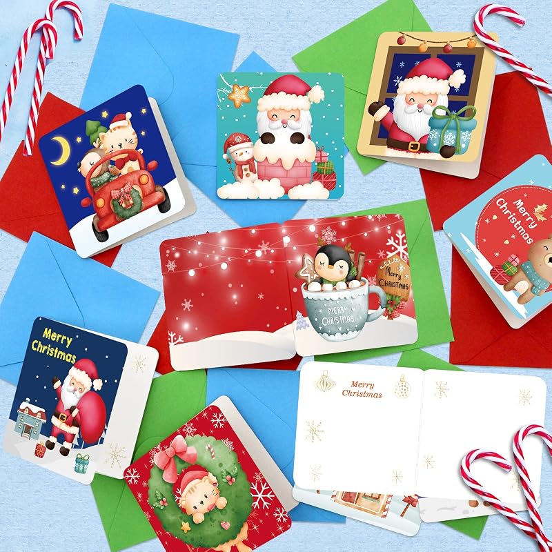 Mini Christmas Cards with Envelopes, 24 Pack – 3x3" Greeting Cards for Kids & Friends