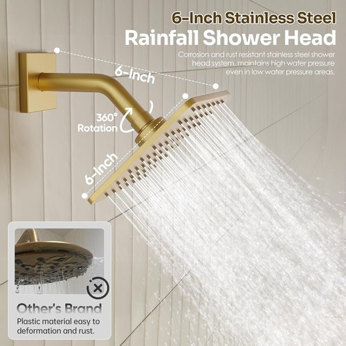**Regine Switzerland Gold Shower Faucet Set - Brushed Gold 10'' Ceiling & 6'' Wall Mounted Shower Heads | 3-in-1 Handheld Combo**
